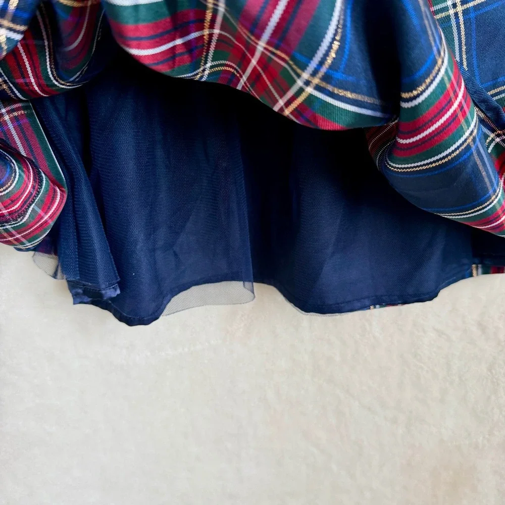 The Children's Place Navy Tartan Plaid Velvet Dress Girls Size 4T Holiday Bow